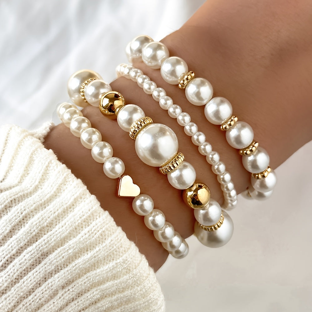 Ensemble de Bracelets - Cœurs et Perles Délicates, teinte Perles Or