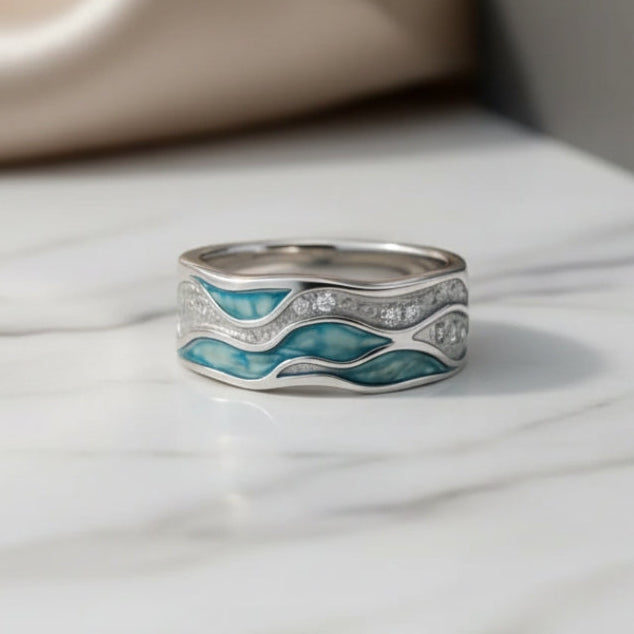 Bague - Ondes Turquoise Argentée, mise en situation