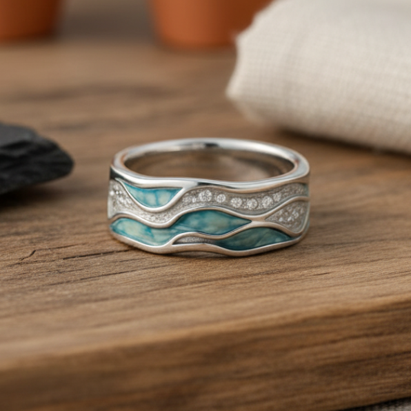 Bague - Ondes Turquoise Argentée, mise en situation
