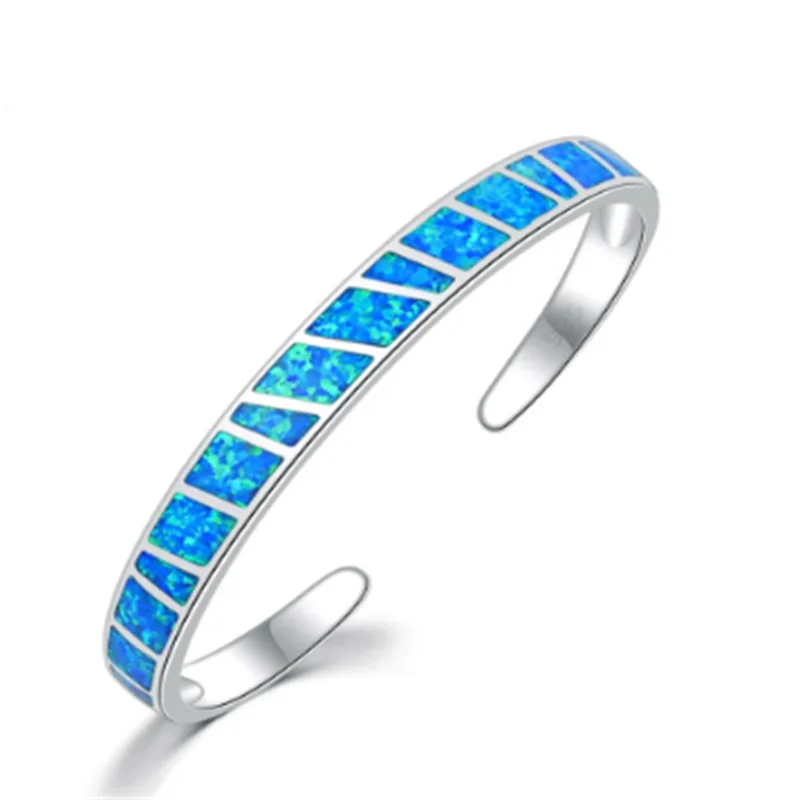 Bracelet argenté ajustable reflets d'opale bleue