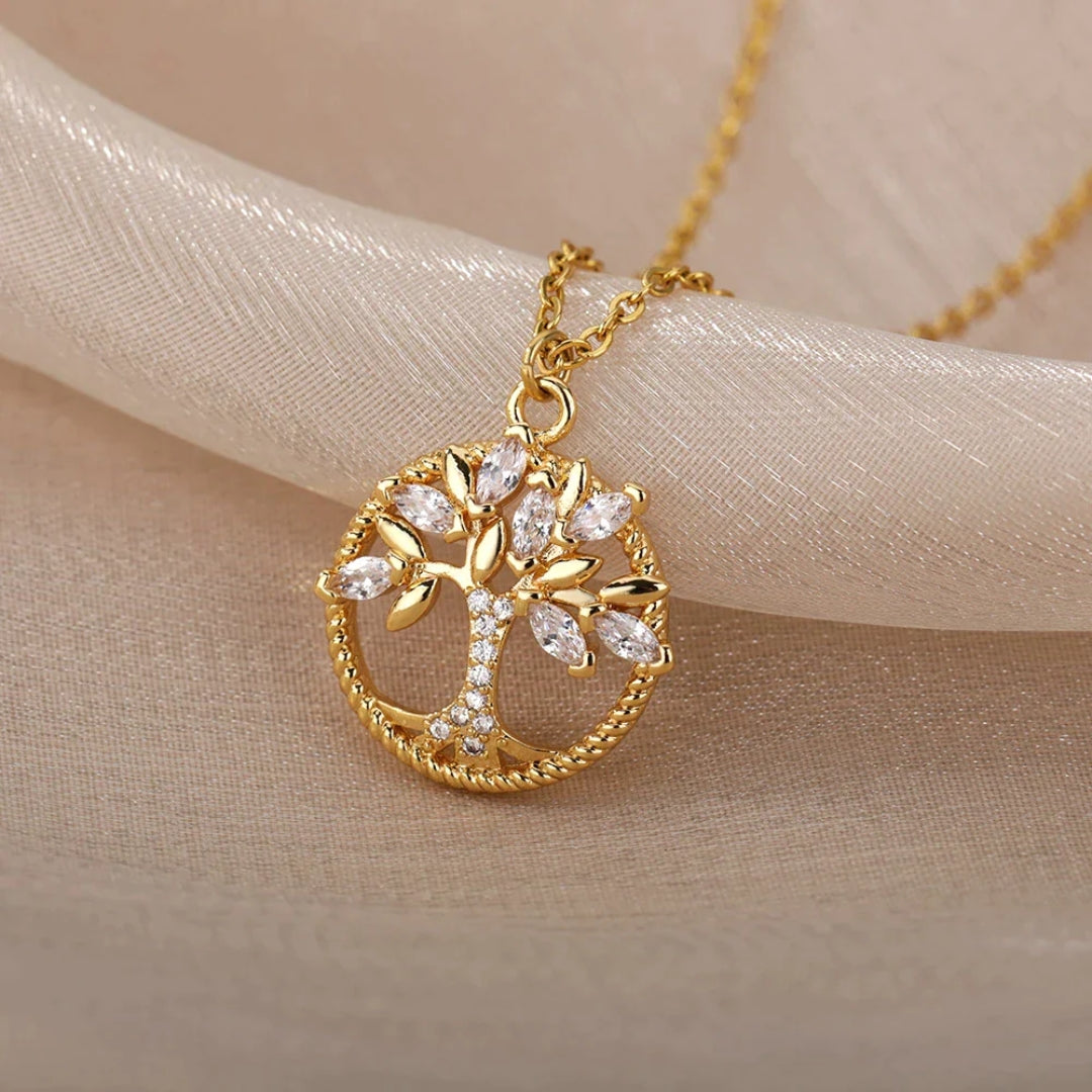 Collier doré pendentif arbre de vie avec pierres scintillantes