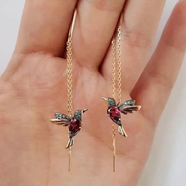 Boucles d'oreilles colibri doré rouge grenat